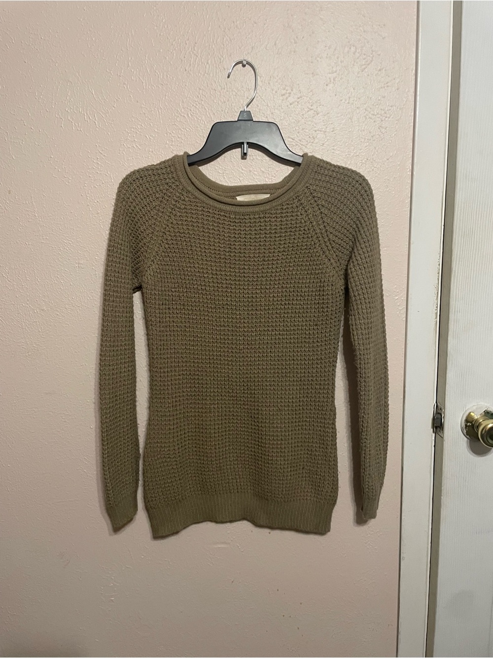 Ambiance Apparel Waffle Knit Crewneck Sweater Tan Size Small
